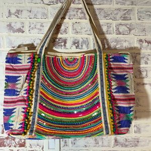 America & Beyond Alex Embellished Pink and Blue Hand Beaded Tote Shoulder Bag